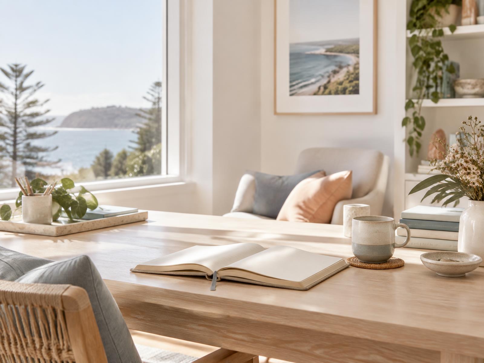 A calm, light-filled room with a view of the ocean